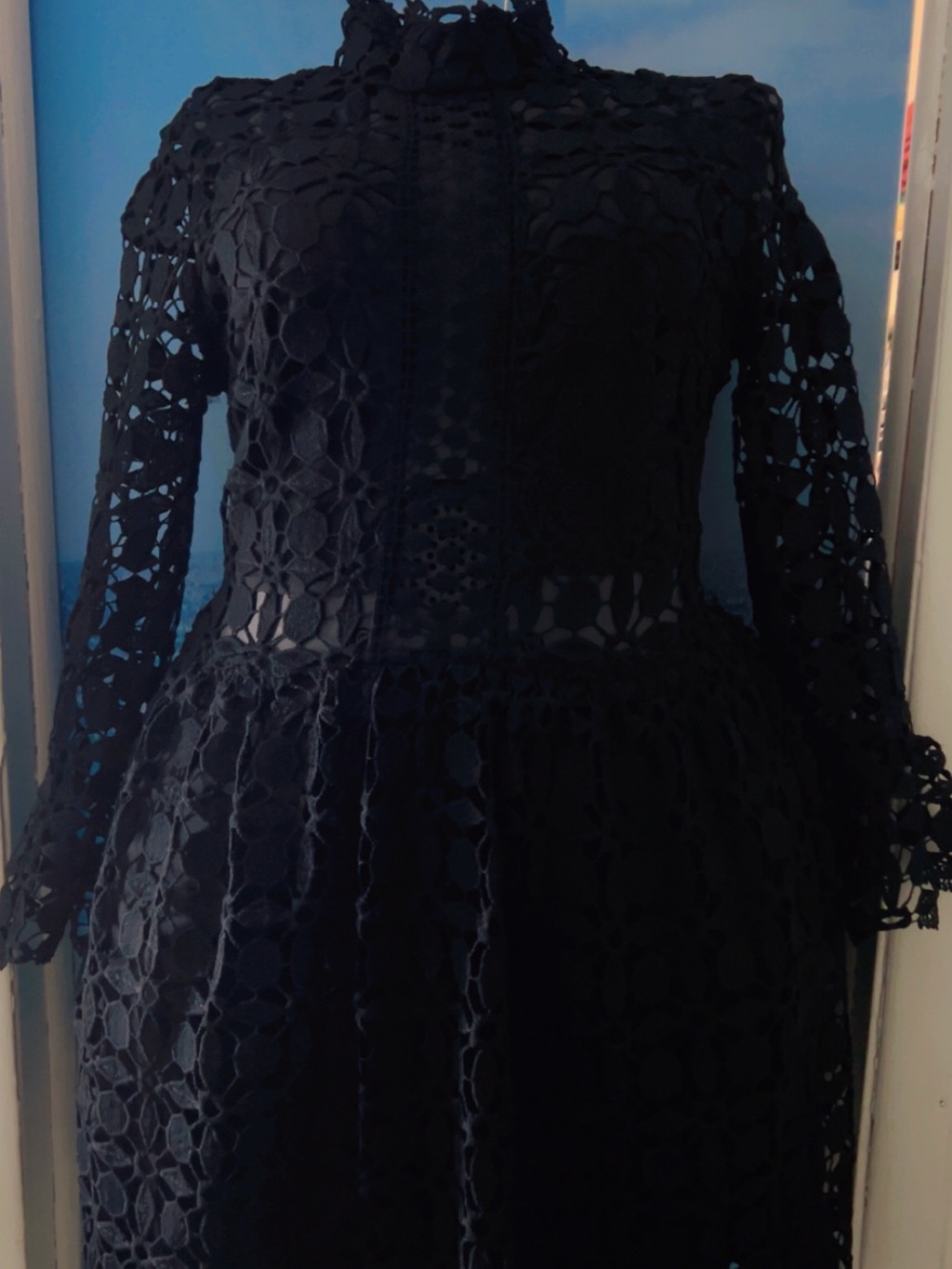 Navy Crochet Long-Sleeve Midi Dress